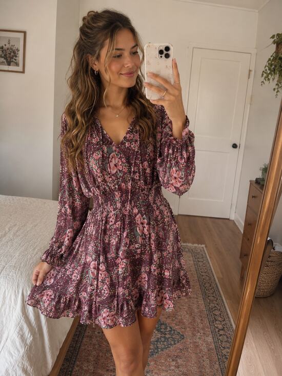 aerie Dresses & Skirts - Aerie Long Sleeve Ruffle Floral Mini Boho Dress